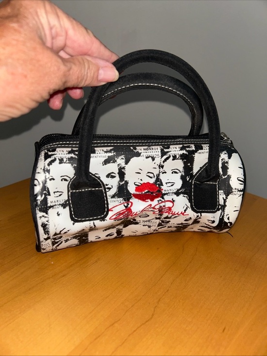 M Ashley Handbags - Black & White Marilyn Print Mini Satchel with Red Lip Accent